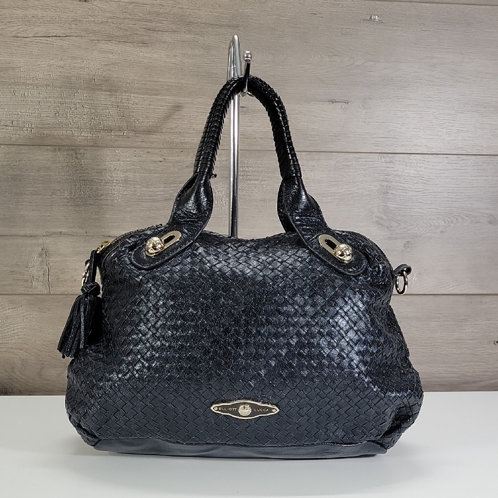 Elliott Lucca Black Woven Leather Satchel Handbag